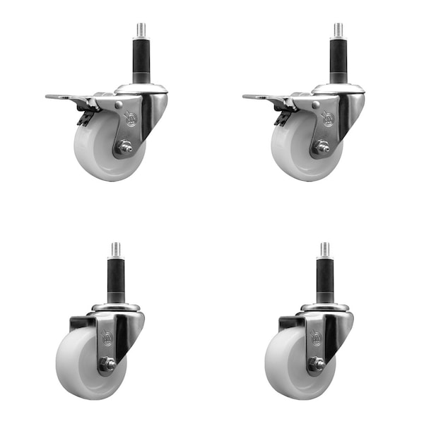 3'' Nylon Swivel 1'' Expanding Stem Caster Set 2 Total Lock Brakes, 4PK